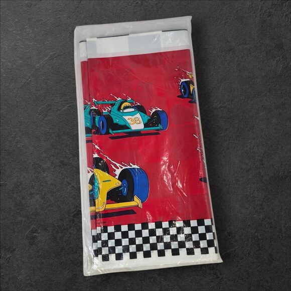 Vintage '90s Race Car Tablecloth American Greetings NOS 54x96 Red Checkered Flag - Picture 1 of 2